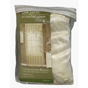 Sheer Panel Ivory Attached Valance Lined with Clear Beads 56" x 84" Natural NEW